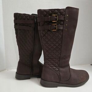 Girls Brown Quilted Riding Boots Side Zipper Buckle Accent Size 2 Medium